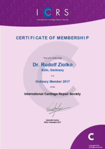 Zertifikat über die Mitgliedschaft der ICRS für Orthopäde Dr. Ziolko in Köln